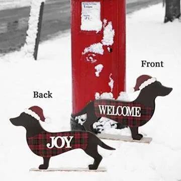 Glitzhome 21.93" L Wooden Metal Dachshund Standing Front Door Porch Sign Christmas Welcome Sign Outdoor Indoor Welcome Joy Sign Xmas Holiday Decorations