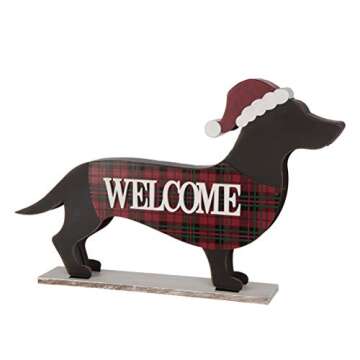 Glitzhome 21.93" L Wooden Metal Dachshund Standing Front Door Porch Sign Christmas Welcome Sign Outdoor Indoor Welcome Joy Sign Xmas Holiday Decorations
