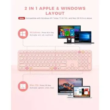 PEIOUS Wireless Keyboard and Mouse Combo, Cute Pink Keyboard & Mouse with USB and Type C Receiver, Full Size Wireless Combo Compatible for MacBook, Windows, Laptop, PC - Pink