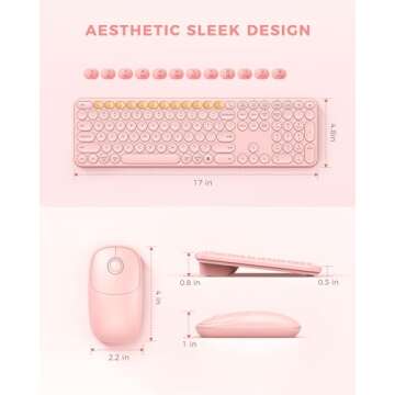 PEIOUS Wireless Keyboard and Mouse Combo, Cute Pink Keyboard & Mouse with USB and Type C Receiver, Full Size Wireless Combo Compatible for MacBook, Windows, Laptop, PC - Pink