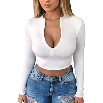 Artfish Women's Long Sleeve Quarter Zip Crop Tops - Fleece Lined Sexy Crop Shirt (01#White, M)