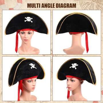 Hsei 4 Pcs Pirate Hat Pirate Costume Party Hats Skull Print for Masquerade Cosplay, Funny Party Supplies, Fancy Dress Favors