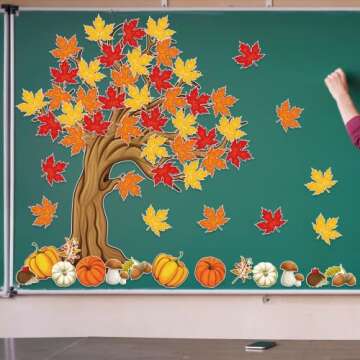 4Ft Big Tree Bulletin Board Set Spring Fall Summer Tree Bulletin Board Decoration with Maple Leaves Butterflies Pumpkins Cutouts for Classroom Home Chalkboard Wall Decoration, 74Pcs (Maple Leaves)
