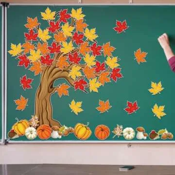 4Ft Big Tree Bulletin Board Set Spring Fall Summer Tree Bulletin Board Decoration with Maple Leaves Butterflies Pumpkins Cutouts for Classroom Home Chalkboard Wall Decoration, 74Pcs (Maple Leaves)