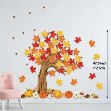 4Ft Big Tree Bulletin Board Set Spring Fall Summer Tree Bulletin Board Decoration with Maple Leaves Butterflies Pumpkins Cutouts for Classroom Home Chalkboard Wall Decoration, 74Pcs (Maple Leaves)