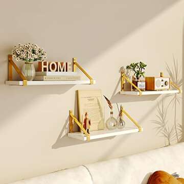 Fixwal White Floating Shelves, Wall Mounted Bathroom Shelves Set of 3, Farmhouse Wall Decor for Bedroom, Kitchen, Living Room and Plants (Gold Bracket)