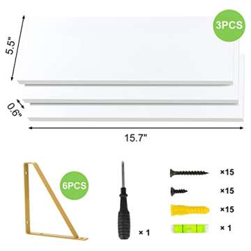 Fixwal White Floating Shelves, Wall Mounted Bathroom Shelves Set of 3, Farmhouse Wall Decor for Bedroom, Kitchen, Living Room and Plants (Gold Bracket)