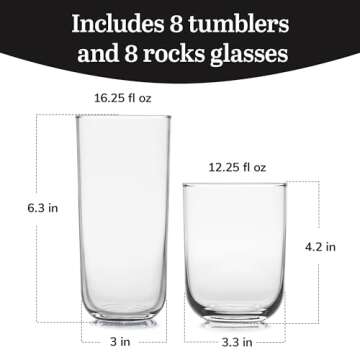 Libbey Polaris Tumbler and Rocks Glass Set, Elegant Drinkware Glasses Set, Lead-Free Tall Drinking Glasses with Modern Clean Lines, Dishwasher Safe Drinking Glasses Set of 16, Axis