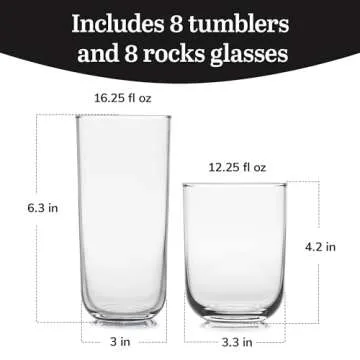 Libbey Polaris Tumbler and Rocks Glass Set, Elegant Drinkware Glasses Set, Lead-Free Tall Drinking Glasses with Modern Clean Lines, Dishwasher Safe Drinking Glasses Set of 16, Axis
