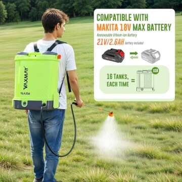 Battery Powered Backpack Sprayer 4 Gallon, VAXMAY 100 PSI Electric Graden Sprayer Works with Makita 18V Battery, Weed Yard Sprayer with Telescopic Wand, 5 Nozzles, 2.6 Ah Battery & Charger Included