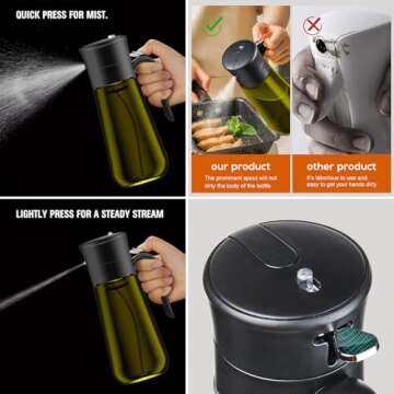 hoforife Glass Olive Oil Dispenser for Kitchen, 2 In 1 Oil Dispenser Bottle & Oil Sprayer for Cooking, Auto Flip Cap, 18oz Black (Light Blockage)