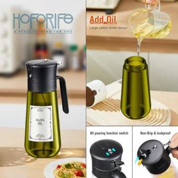 hoforife Glass Olive Oil Dispenser for Kitchen, 2 In 1 Oil Dispenser Bottle & Oil Sprayer for Cooking, Auto Flip Cap, 18oz Black (Light Blockage)