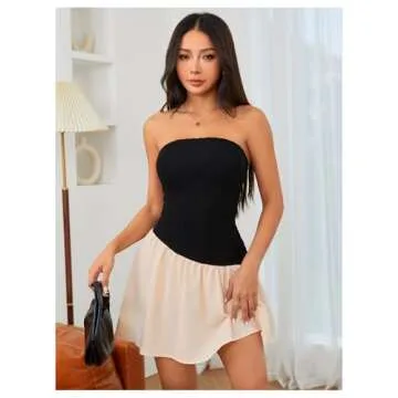 MakeMeChic Women's Textured Bandeau Tube Dress Color Block Ruffle Hem Bodycon Cocktail Dresses Multicolor Small