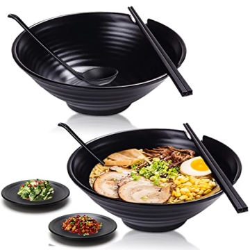 Vivimee Unbreakable Japanese Style Ramen Bowl Set of 2, 37oz Black Large Matte Melamine Bowls and Sp...