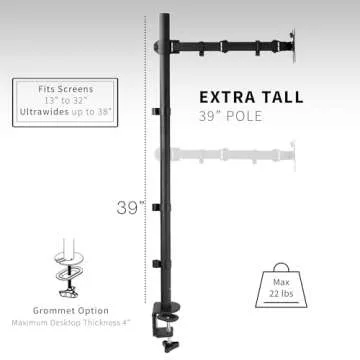 VIVO Extra Tall Single Monitor Desk Mount Stand with 39 inch Pole for 13 to 32 inch Screens and up to 38 inch Ultrawides, Fully Adjustable, Holds 22 lbs with VESA Mounting, Black, STAND-V011