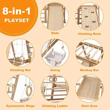 ECOMEX Indoor Jungle Gym for Toddlers 8 in 1 Indoor Playground Wooden Montessori Climber Playset with Slide Swing Climbing Net, Indoor Playground Climbing Toys for Toddlers