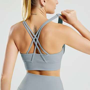 Leneko Sports Bra for Women, Women's Strappy Criss Cross Back Padded Longline Sports Bra, High Medium Impact Girls Gym Workout Running Yoga Backless Bra with Removable Cups, Haze Blue XL
