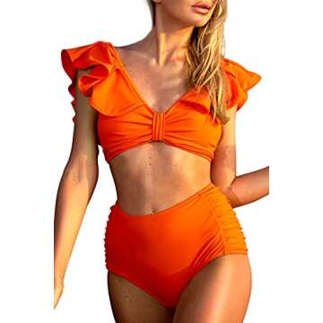 Peddney Women Flounce High Waisted Bikini Swimsuit V Neck Ruffle Two Piece Bathing Suit Orange