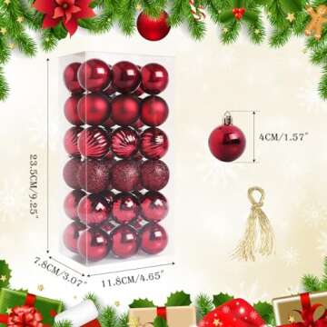 TranquilBliss Shatterproof Christmas Ball Ornaments, 36 Packs, 1.57 Inch Red Bulbs for Tree and Wreath Decor