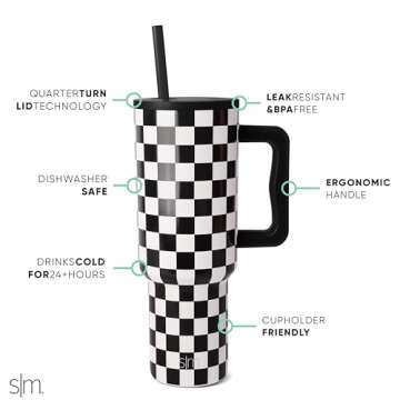 Simple Modern 40 oz Tumbler with Handle and Straw Lid | Insulated Reusable Stainless Steel Water Bottle Travel Mug Cupholder Friendly | Gift for Women Men | Trek Collection | Black and White Checkmate