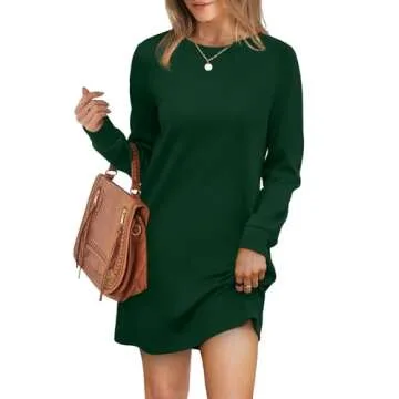 WIHOLL Womens Mini Dress Casual Crewneck Long Sleeve Dresses with Pockets Loose Fit Travel Dress Christmas Outfits Green L