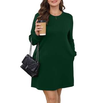 WIHOLL Womens Mini Dress Casual Crewneck Long Sleeve Dresses with Pockets Loose Fit Travel Dress Christmas Outfits Green L