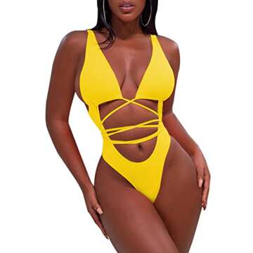 Sovoyontee Women's Sexy One Piece Swimsuits Plus Ruffle Sheer Cover Up Pant Sets, Yellow, XL