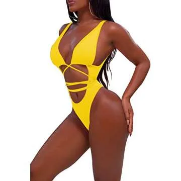 Sovoyontee Women's Sexy One Piece Swimsuits Plus Ruffle Sheer Cover Up Pant Sets, Yellow, XL