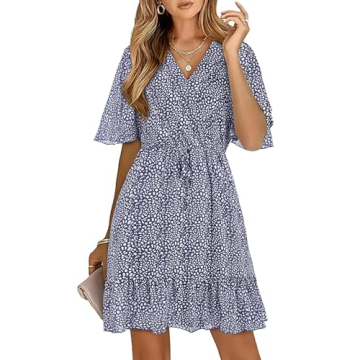 KIRUNDO Women's Summer Dresses 2025 Casual Short Sleeve V Neck Ruffle Floral Print High Waist Flowy Mini Dress with Belt(Large, Dark Blue)