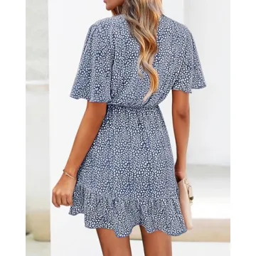 KIRUNDO Women's Summer Dresses 2025 Casual Short Sleeve V Neck Ruffle Floral Print High Waist Flowy Mini Dress with Belt(Large, Dark Blue)