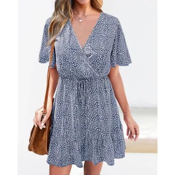 KIRUNDO Women's Summer Dresses 2025 Casual Short Sleeve V Neck Ruffle Floral Print High Waist Flowy Mini Dress with Belt(Large, Dark Blue)