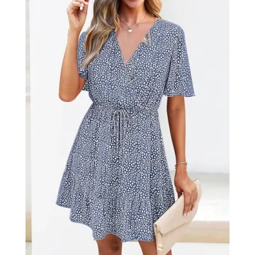 KIRUNDO Women's Summer Dresses 2025 Casual Short Sleeve V Neck Ruffle Floral Print High Waist Flowy Mini Dress with Belt(Large, Dark Blue)