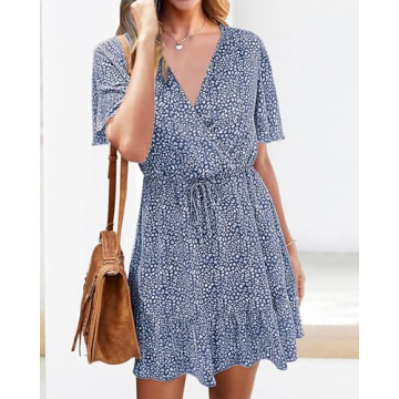 KIRUNDO Women's Summer Dresses 2025 Casual Short Sleeve V Neck Ruffle Floral Print High Waist Flowy Mini Dress with Belt(Large, Dark Blue)