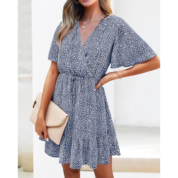 KIRUNDO Women's Summer Dresses 2025 Casual Short Sleeve V Neck Ruffle Floral Print High Waist Flowy Mini Dress with Belt(Large, Dark Blue)
