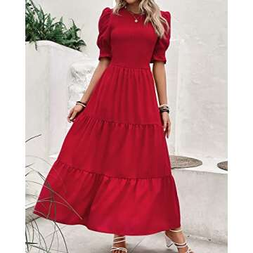 BTFBM Women Casual Summer Dresses 2025 Spring Crew Neck Ruffle Short Sleeve Floral Print Smocked Boho Flowy Maxi Dress(Solid Red, Large)