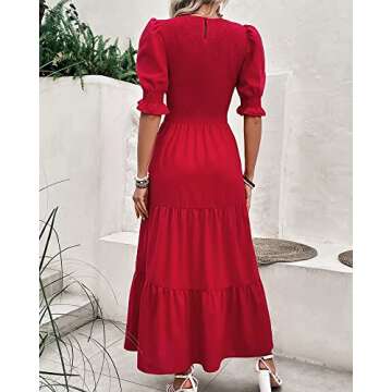 BTFBM Women Casual Summer Dresses 2025 Spring Crew Neck Ruffle Short Sleeve Floral Print Smocked Boho Flowy Maxi Dress(Solid Red, Large)