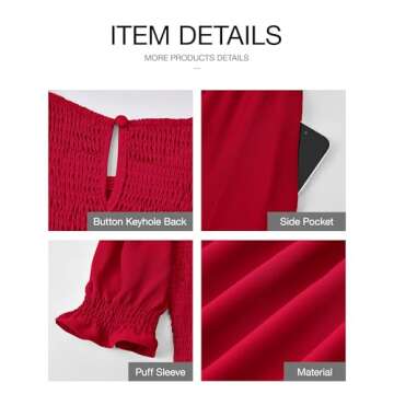 BTFBM Women Casual Summer Dresses 2025 Spring Crew Neck Ruffle Short Sleeve Floral Print Smocked Boho Flowy Maxi Dress(Solid Red, Large)