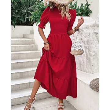 BTFBM Women Casual Summer Dresses 2025 Spring Crew Neck Ruffle Short Sleeve Floral Print Smocked Boho Flowy Maxi Dress(Solid Red, Large)