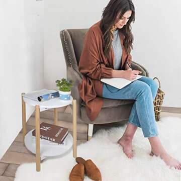Home-Man 2-Tier Side Table, Scandinavian End Table with Removable Trays, Round Coffee Table with Solid Pine Legs, Nature White