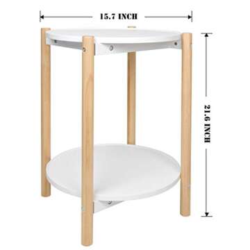 Home-Man 2-Tier Side Table, Scandinavian End Table with Removable Trays, Round Coffee Table with Solid Pine Legs, Nature White