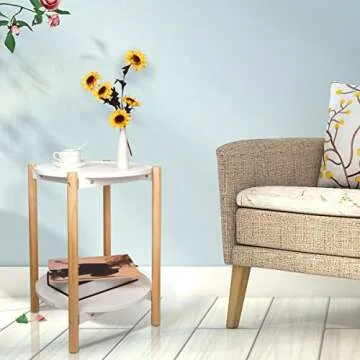 Home-Man 2-Tier Side Table, Scandinavian End Table with Removable Trays, Round Coffee Table with Solid Pine Legs, Nature White