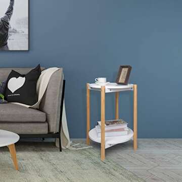 Home-Man 2-Tier Side Table, Scandinavian End Table with Removable Trays, Round Coffee Table with Solid Pine Legs, Nature White