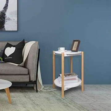 Home-Man 2-Tier Side Table, Scandinavian End Table with Removable Trays, Round Coffee Table with Solid Pine Legs, Nature White