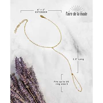 Faire de la Mode 14k Gold Bracelet Ring Hand Chain for 4-9 Ring Sizes – Non-Tarnish & Hypoallergenic Gold Hand Chain Bracelet for Women – 6" to 8" Adjustable Length