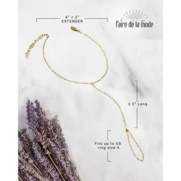 Faire de la Mode 14k Gold Bracelet Ring Hand Chain for 4-9 Ring Sizes – Non-Tarnish & Hypoallergenic Gold Hand Chain Bracelet for Women – 6" to 8" Adjustable Length