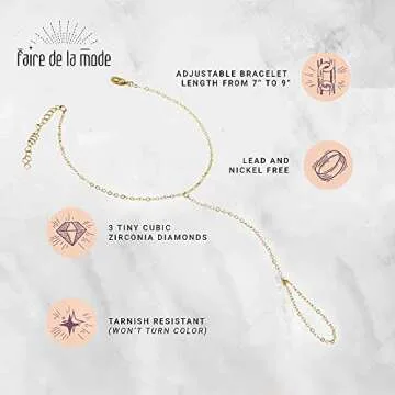 Faire de la Mode 14k Gold Bracelet Ring Hand Chain for 4-9 Ring Sizes – Non-Tarnish & Hypoallergenic Gold Hand Chain Bracelet for Women – 6" to 8" Adjustable Length