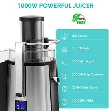 1000W 5-SPEED LCD Screen Centrifugal Juicer Machines Vegetable and Fruit, Healnitor Juice Extractor with Big Adjustable 3" Wide Chute, Easy Clean, BPA-Free, High Juice Yield, Silver