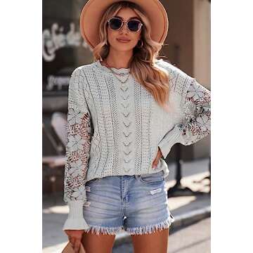 AlvaQ Women Fall Winter Crewneck Sweater Lace Crochet Sleeve Knit Pullover Jumper Tops Grey Medium