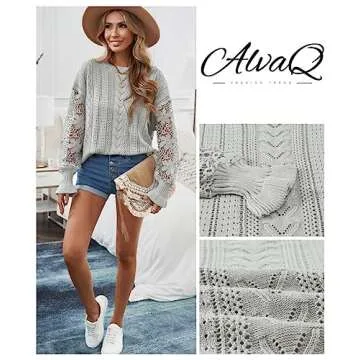 AlvaQ Women Fall Winter Crewneck Sweater Lace Crochet Sleeve Knit Pullover Jumper Tops Grey Medium
