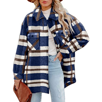 CHYRII Women's Casual Brushed Flannel Plaid Shacket with Pockets in Navy